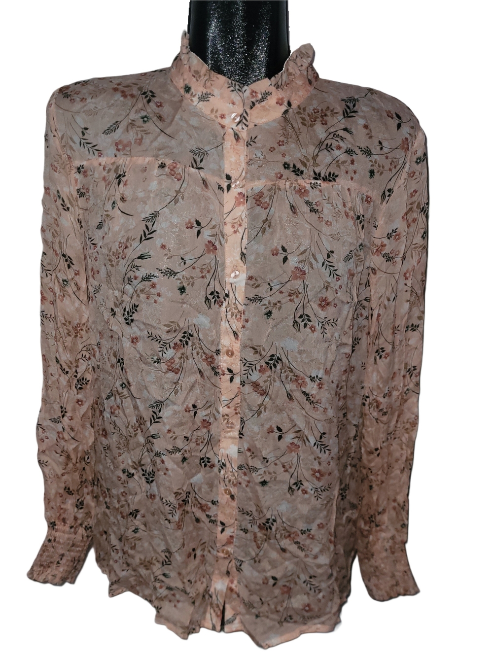 Soyaconcept Light Pink Semi-sheer Floral Ruffle-Collar Blouse Size L